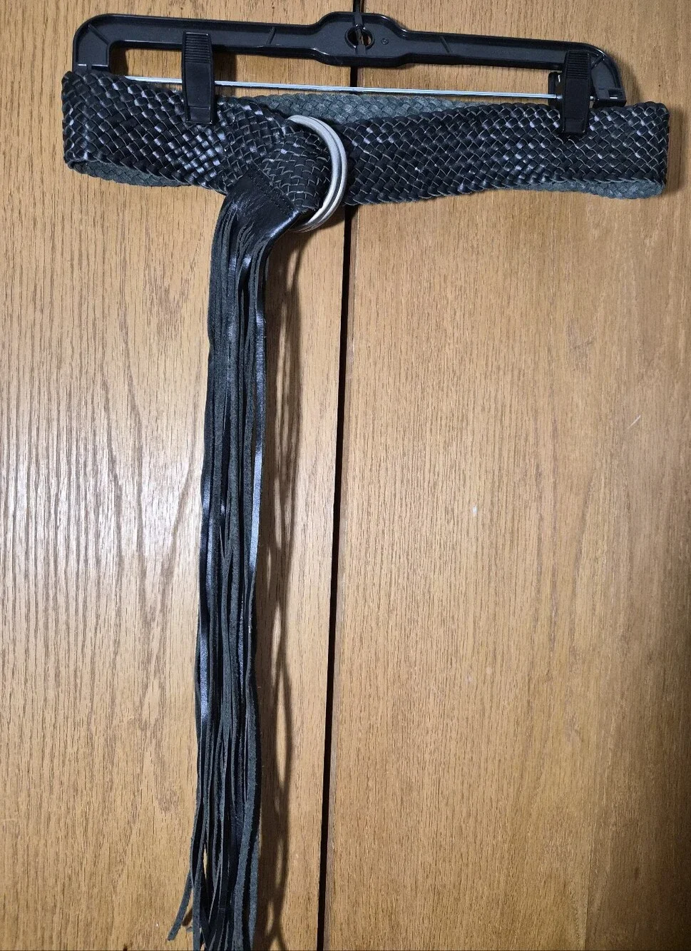 Ladies Genuine Black Leather Long Fringe Belt, Adjustable Size, Stainless Buckle